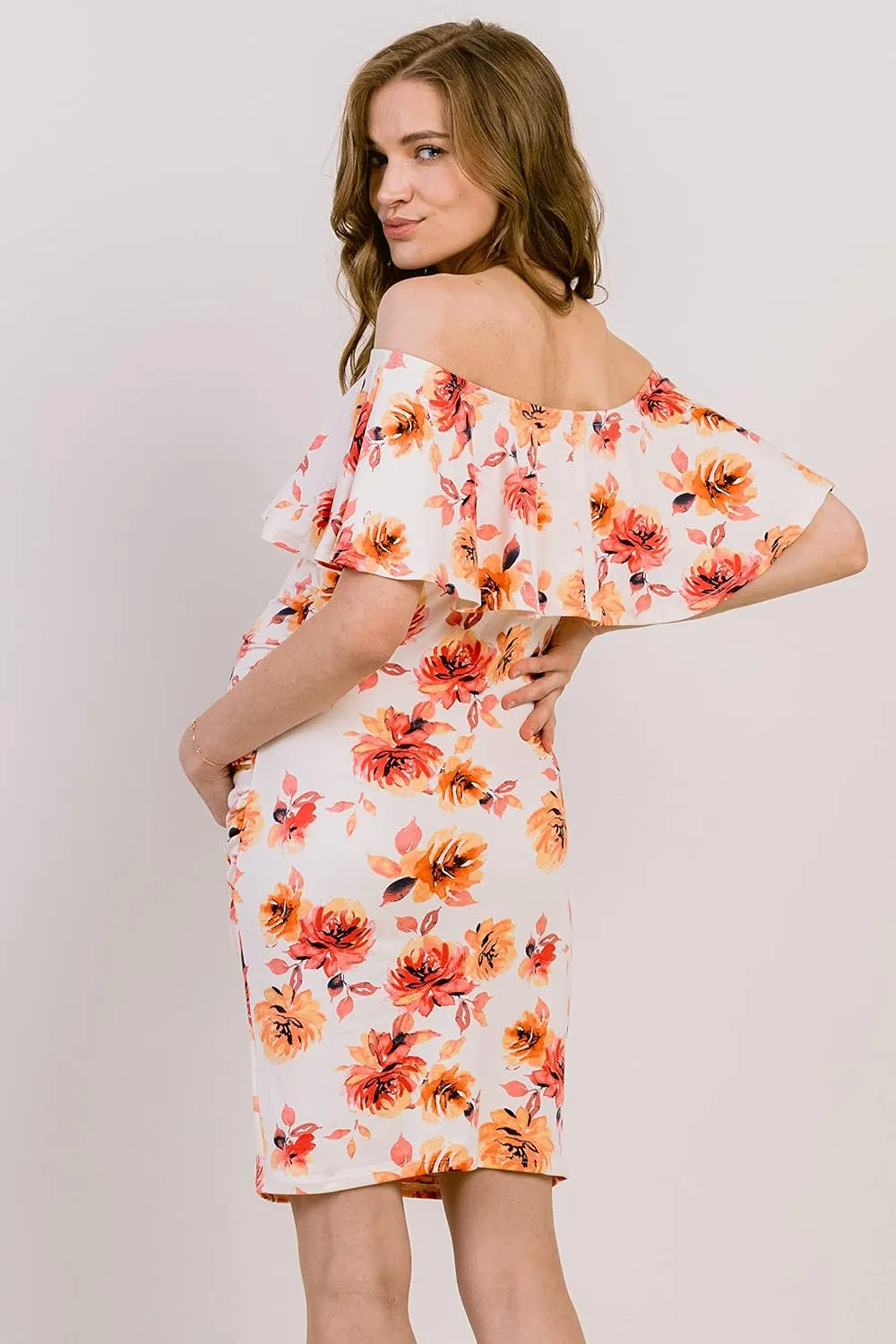 Hello MIZ Women's Floral Ruffle Off Shoulder Maternity Dress - Made in USA