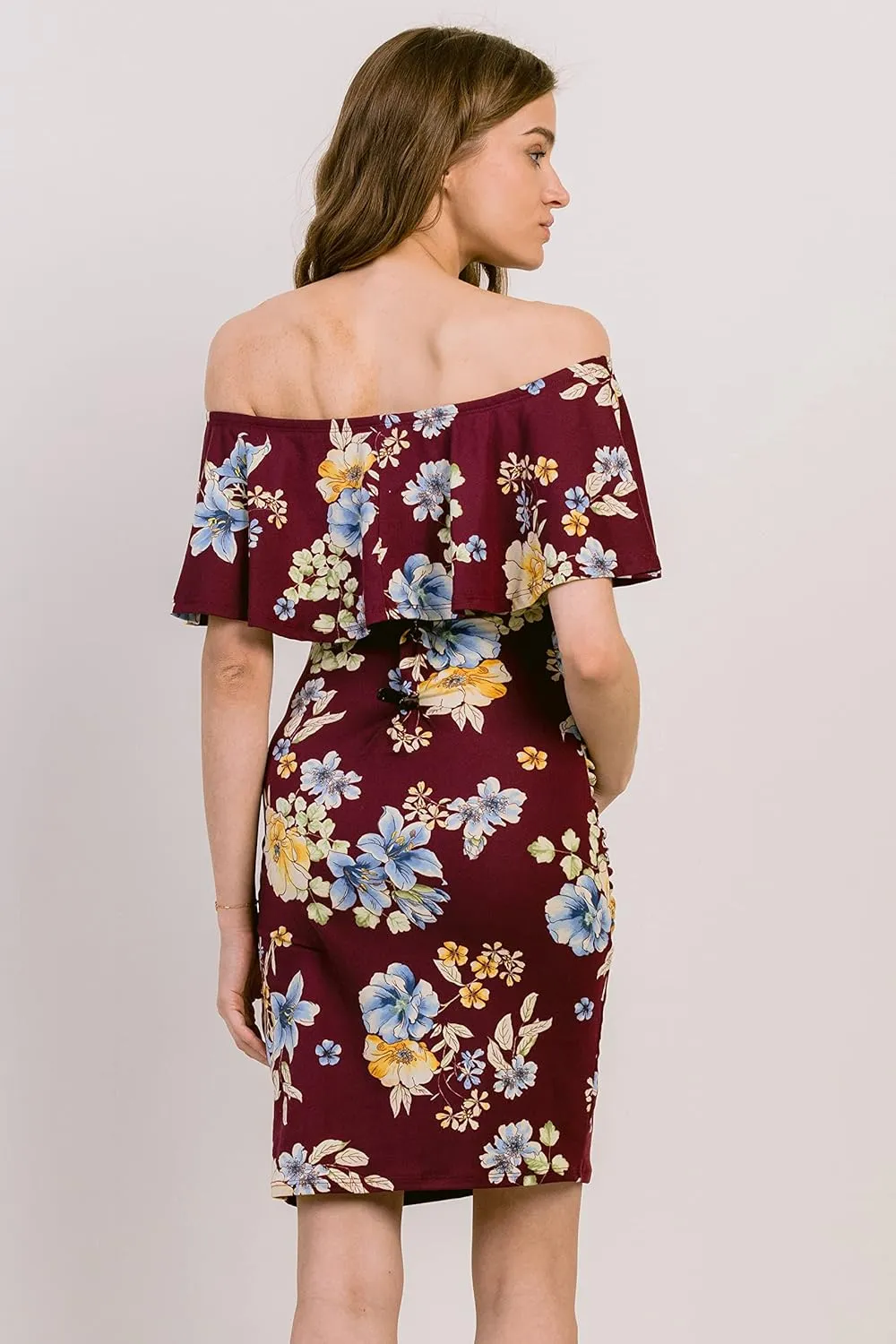 Hello MIZ Women's Floral Ruffle Off Shoulder Maternity Dress - Made in USA