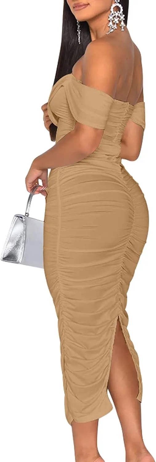 HOCILLE Women's Sexy Ruched Bodycon Strapless Off Shoulder Midi Club Party Tube Dresses