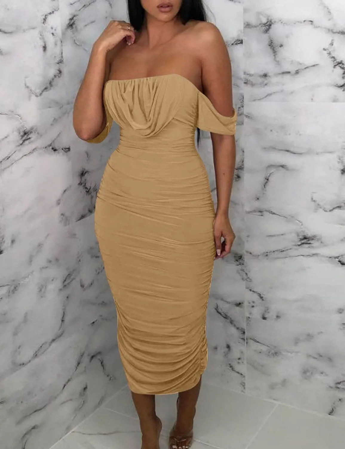 HOCILLE Women's Sexy Ruched Bodycon Strapless Off Shoulder Midi Club Party Tube Dresses
