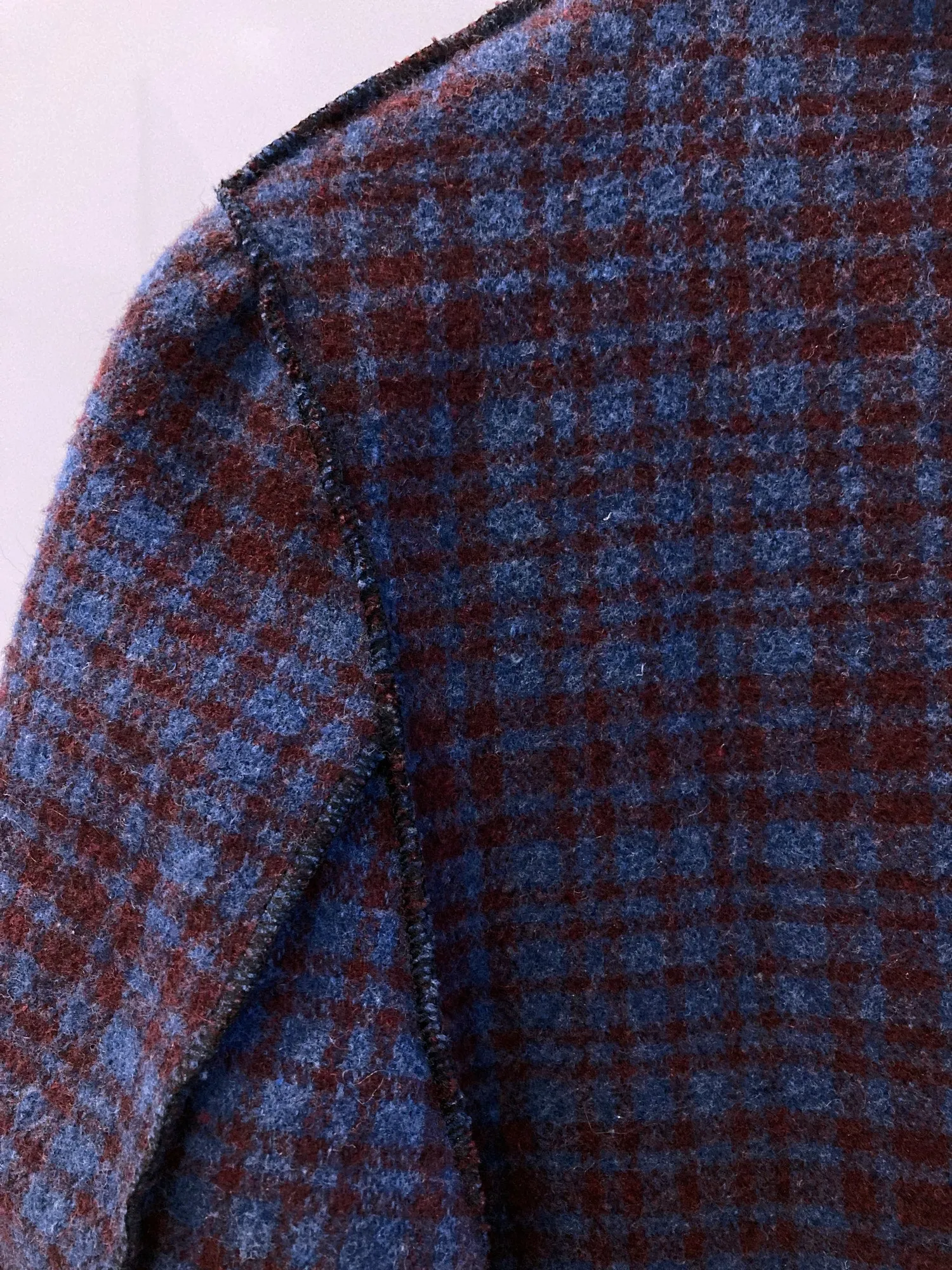 Jean Colonna purple blue check knit pea coat with overlocked edges - S