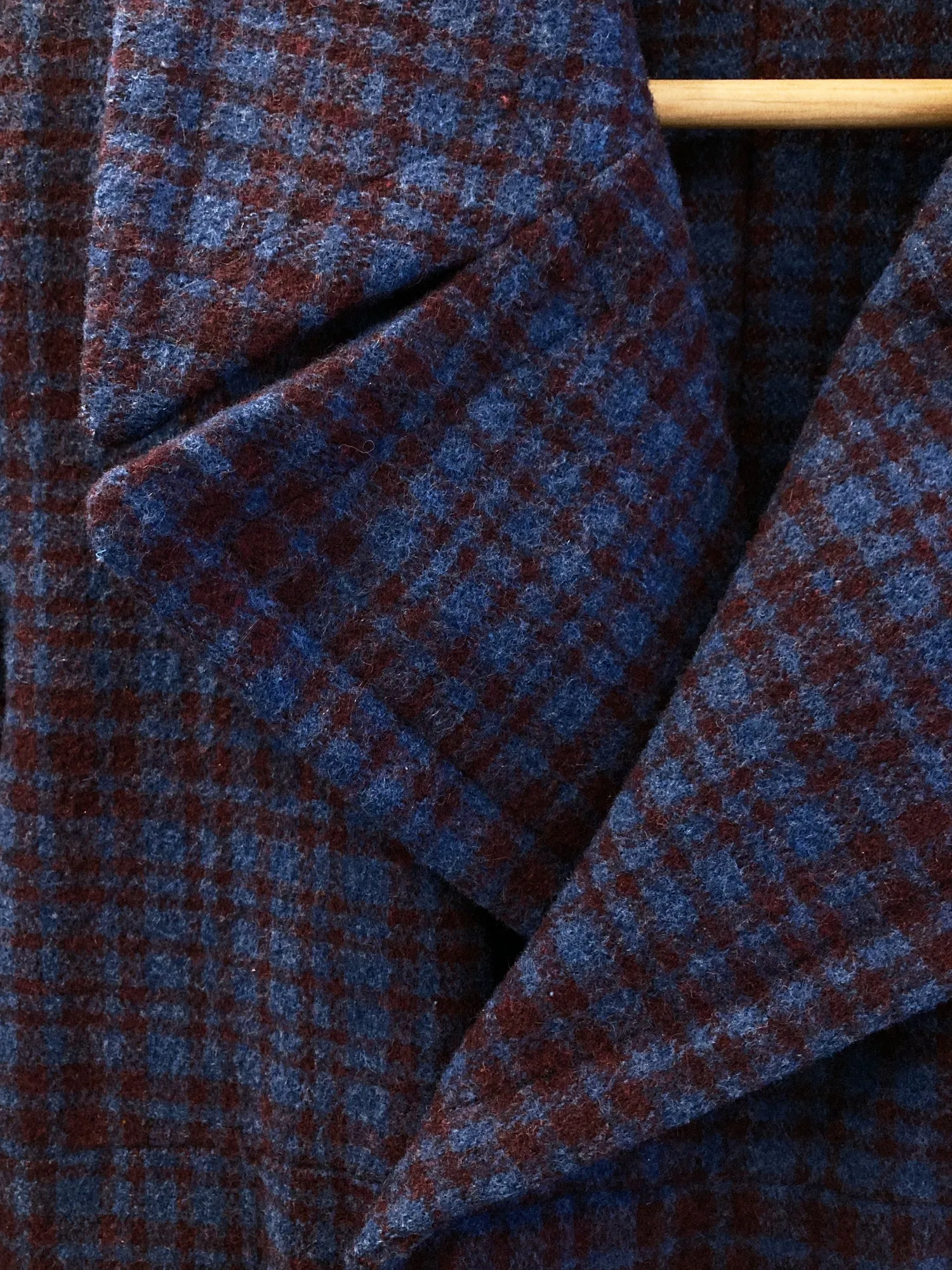 Jean Colonna purple blue check knit pea coat with overlocked edges - S