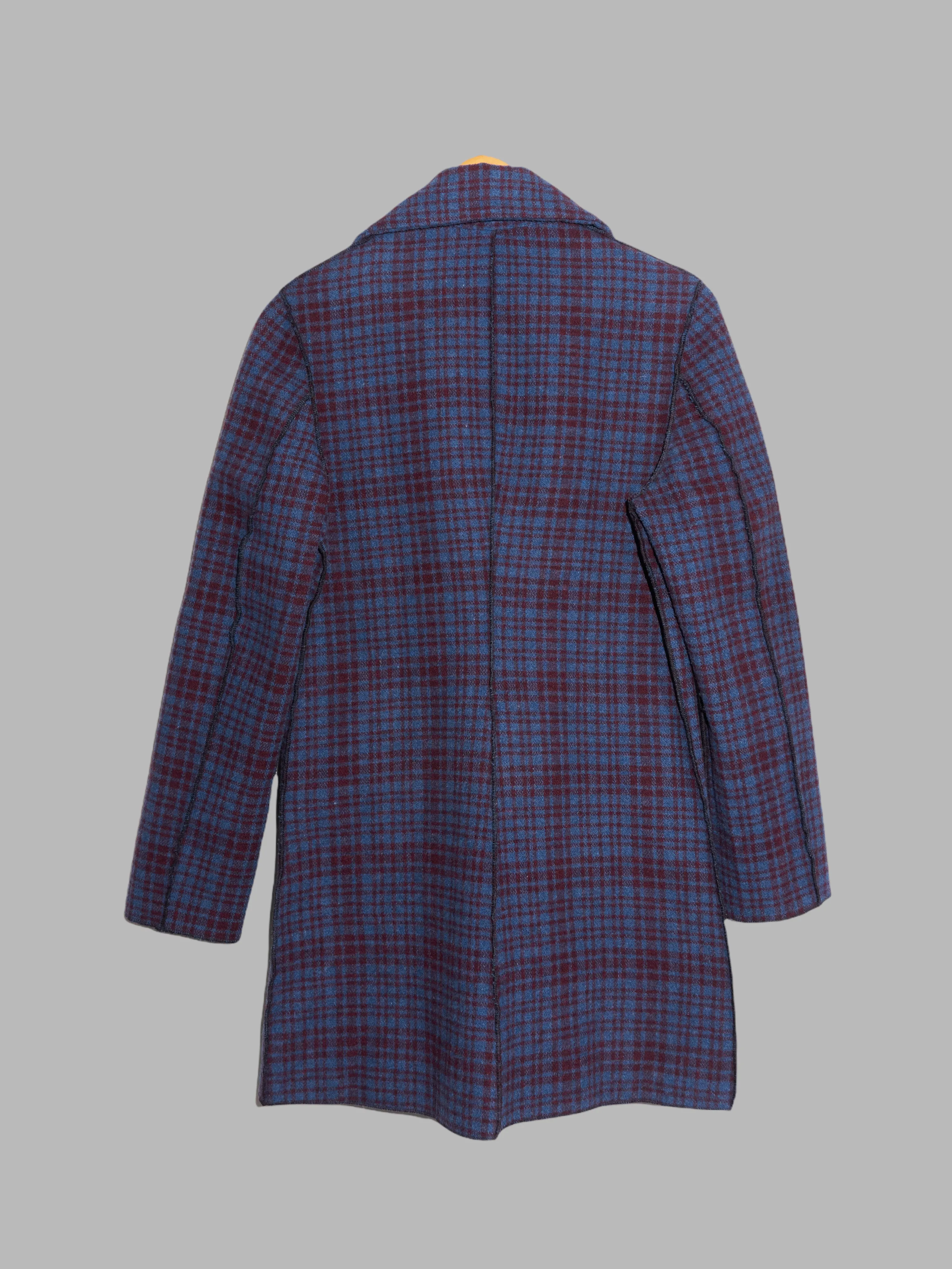 Jean Colonna purple blue check knit pea coat with overlocked edges - S
