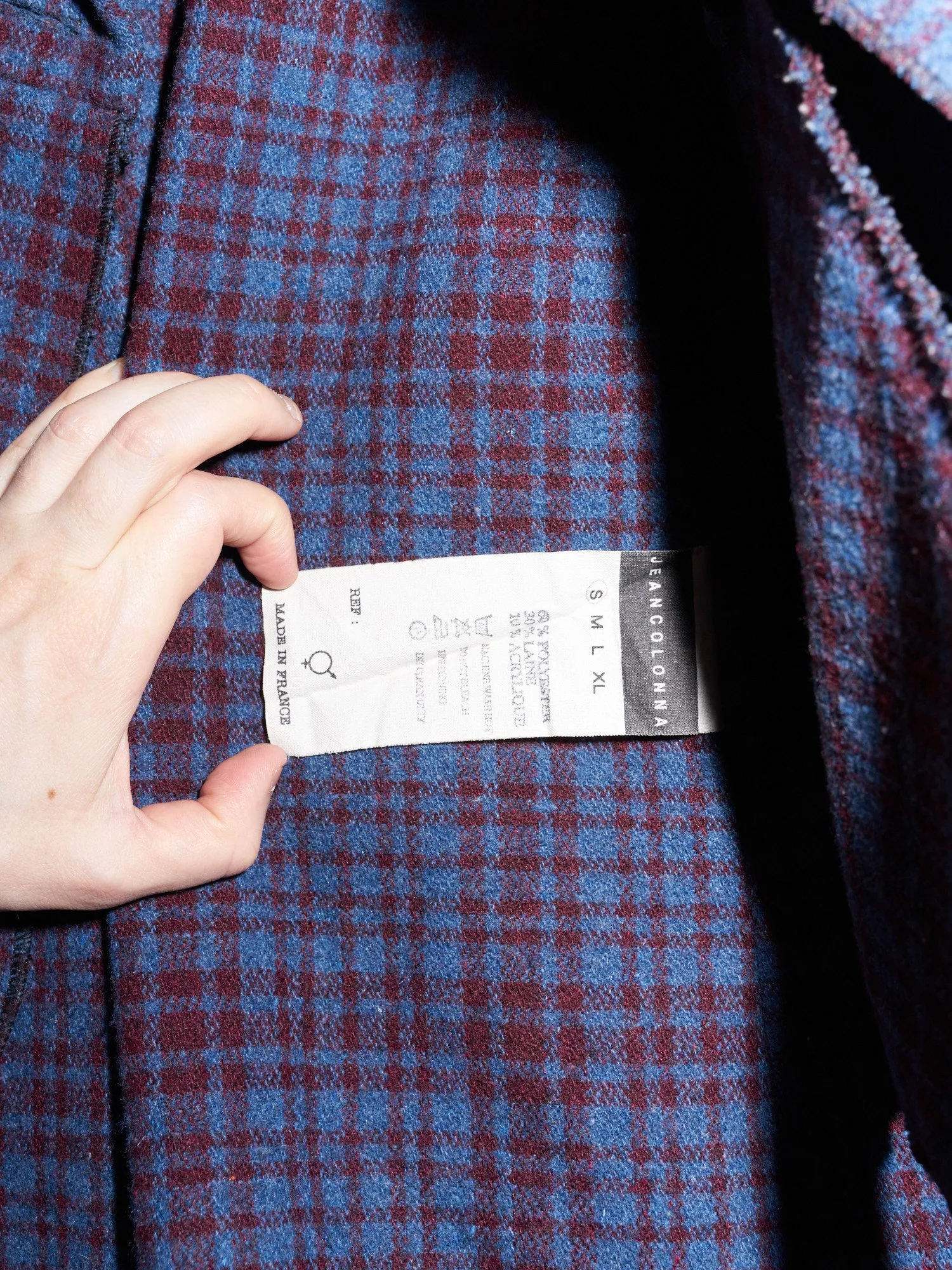 Jean Colonna purple blue check knit pea coat with overlocked edges - S