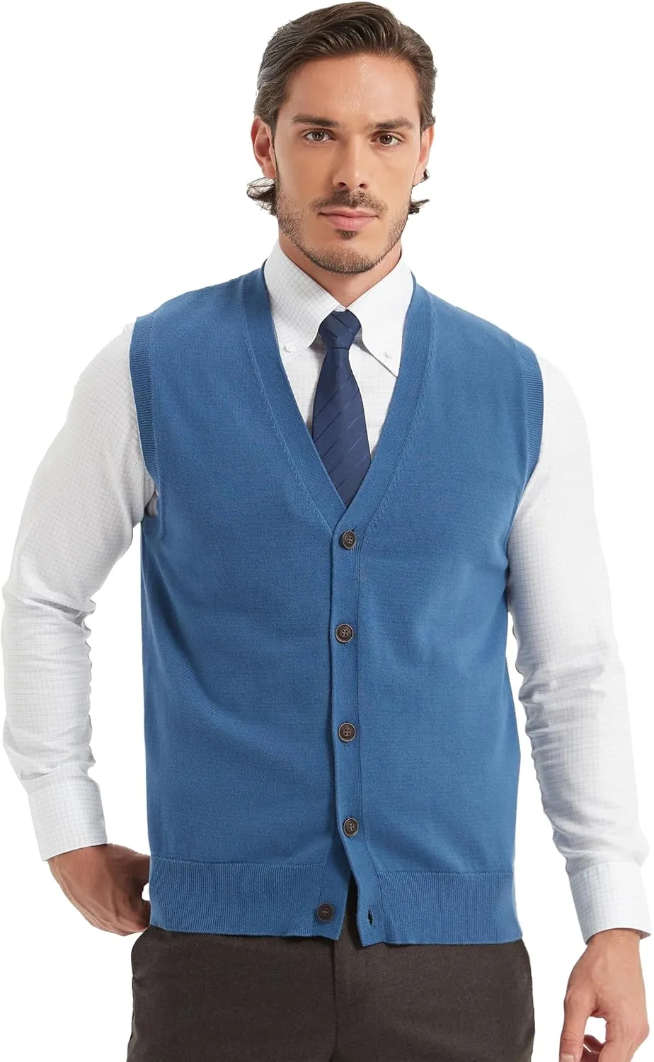 Kallspin Mens Button Down Sweater Vest Lightweight Knitted Pure Cotton V-Neck Sleeveless Cardigans