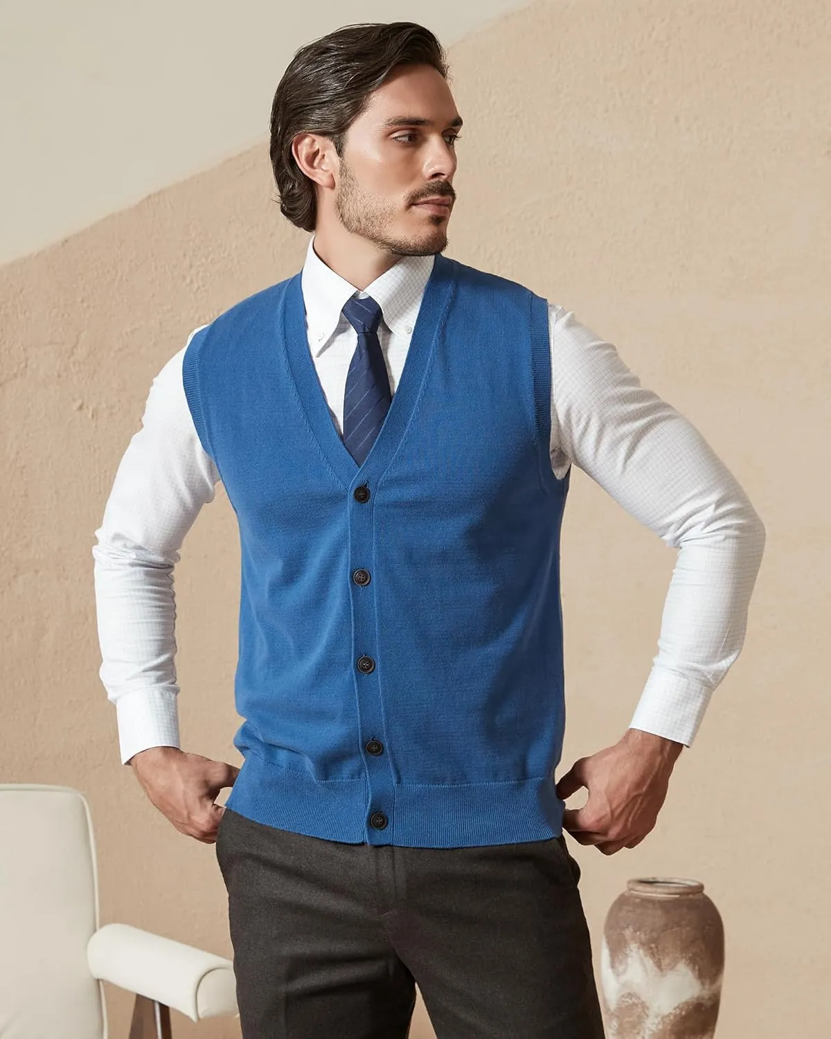 Kallspin Mens Button Down Sweater Vest Lightweight Knitted Pure Cotton V-Neck Sleeveless Cardigans