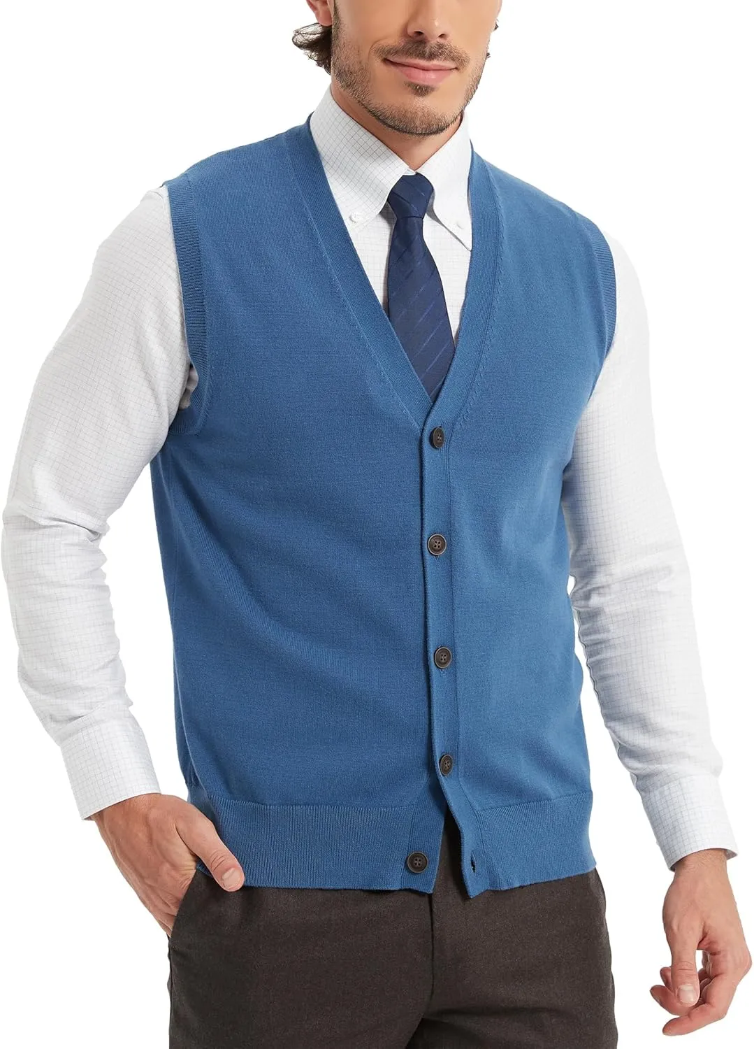 Kallspin Mens Button Down Sweater Vest Lightweight Knitted Pure Cotton V-Neck Sleeveless Cardigans