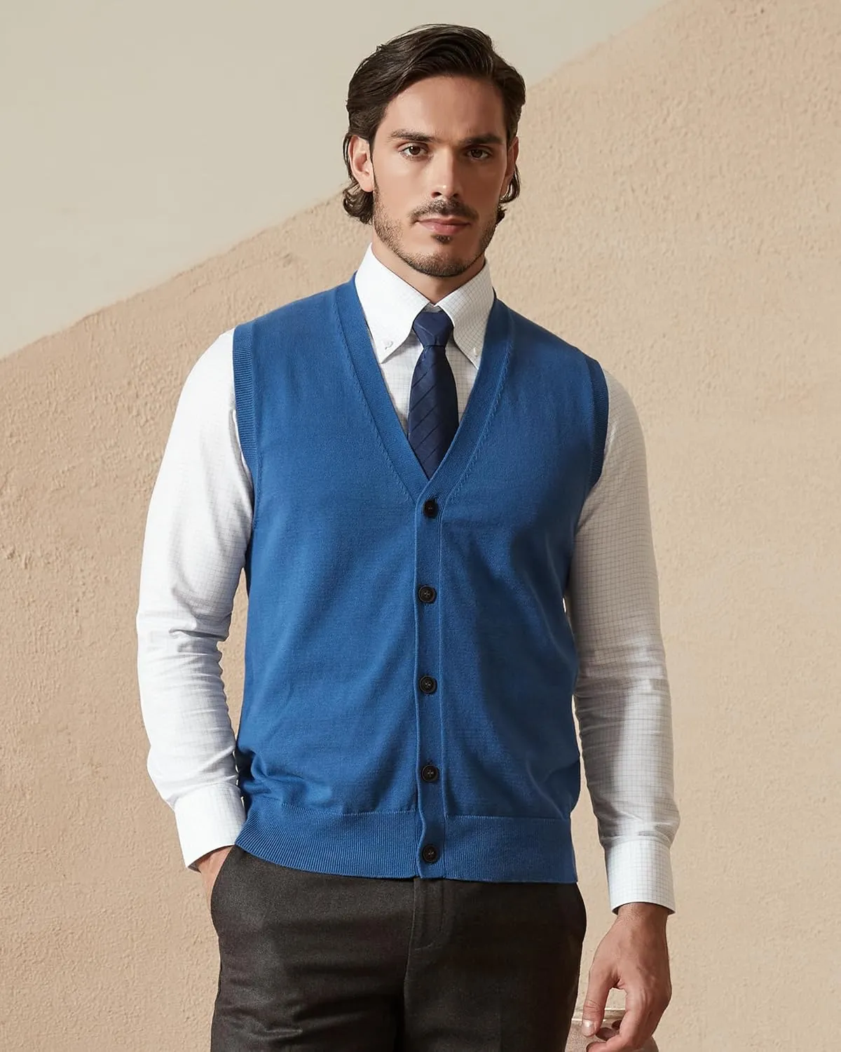 Kallspin Mens Button Down Sweater Vest Lightweight Knitted Pure Cotton V-Neck Sleeveless Cardigans