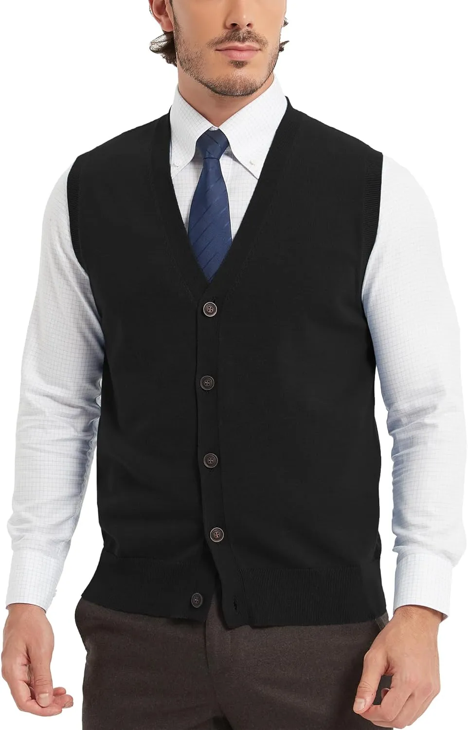 Kallspin Mens Button Down Sweater Vest Lightweight Knitted Pure Cotton V-Neck Sleeveless Cardigans