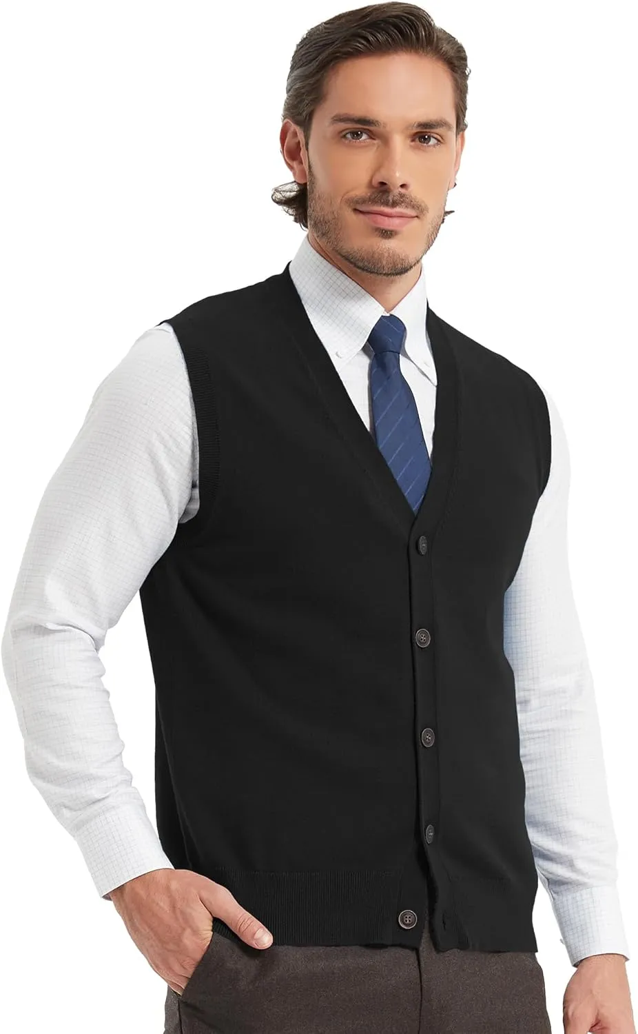 Kallspin Mens Button Down Sweater Vest Lightweight Knitted Pure Cotton V-Neck Sleeveless Cardigans