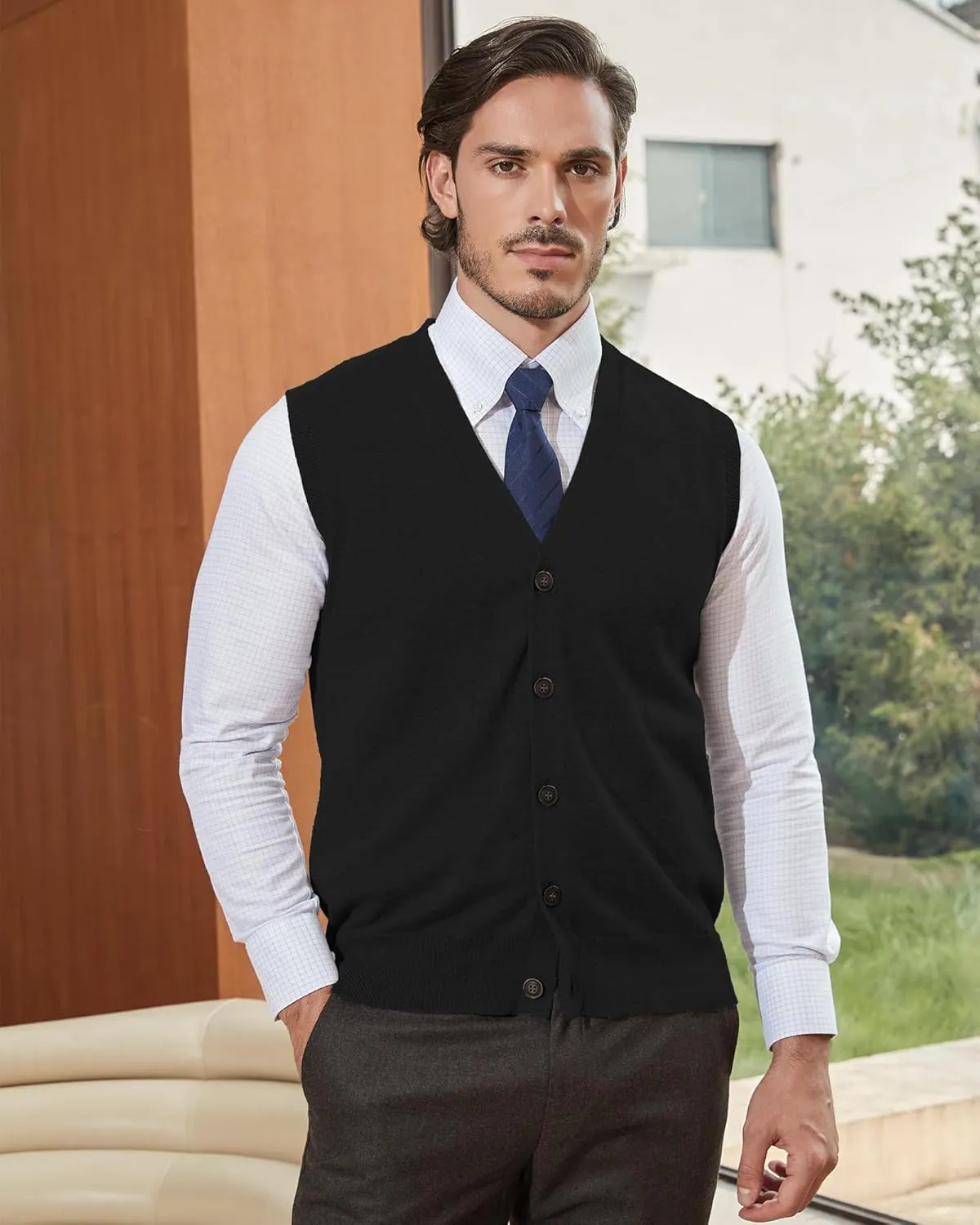 Kallspin Mens Button Down Sweater Vest Lightweight Knitted Pure Cotton V-Neck Sleeveless Cardigans