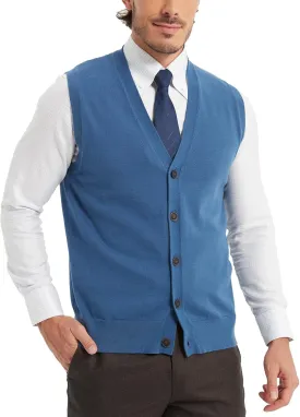 Kallspin Mens Button Down Sweater Vest Lightweight Knitted Pure Cotton V-Neck Sleeveless Cardigans