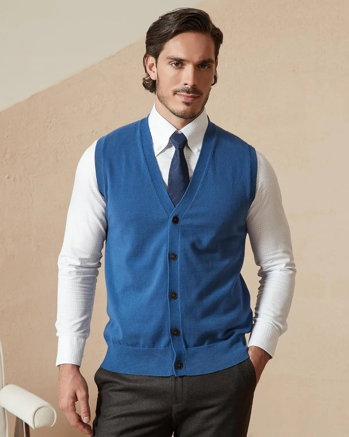 Kallspin Mens Button Down Sweater Vest Lightweight Knitted Pure Cotton V-Neck Sleeveless Cardigans