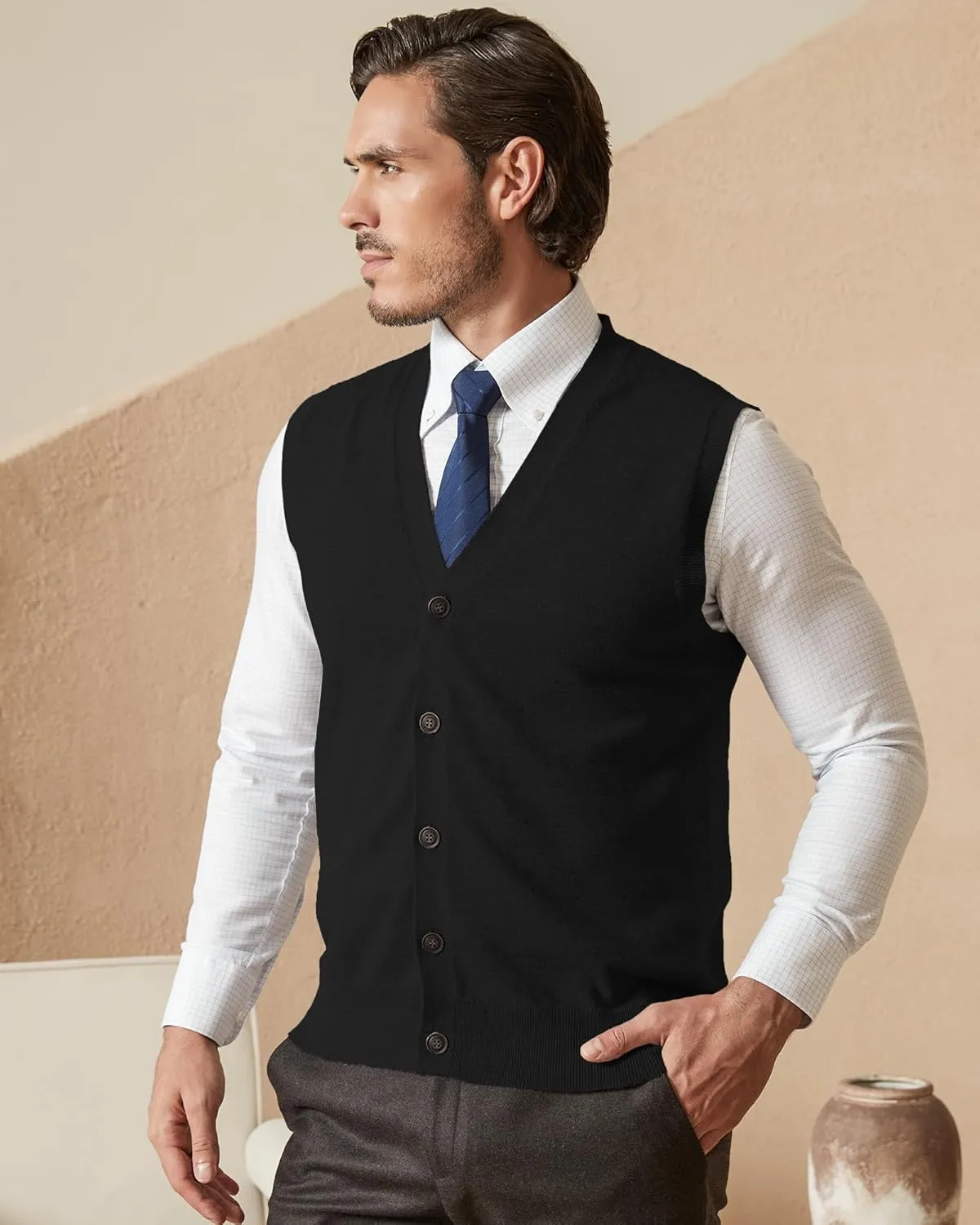Kallspin Mens Button Down Sweater Vest Lightweight Knitted Pure Cotton V-Neck Sleeveless Cardigans