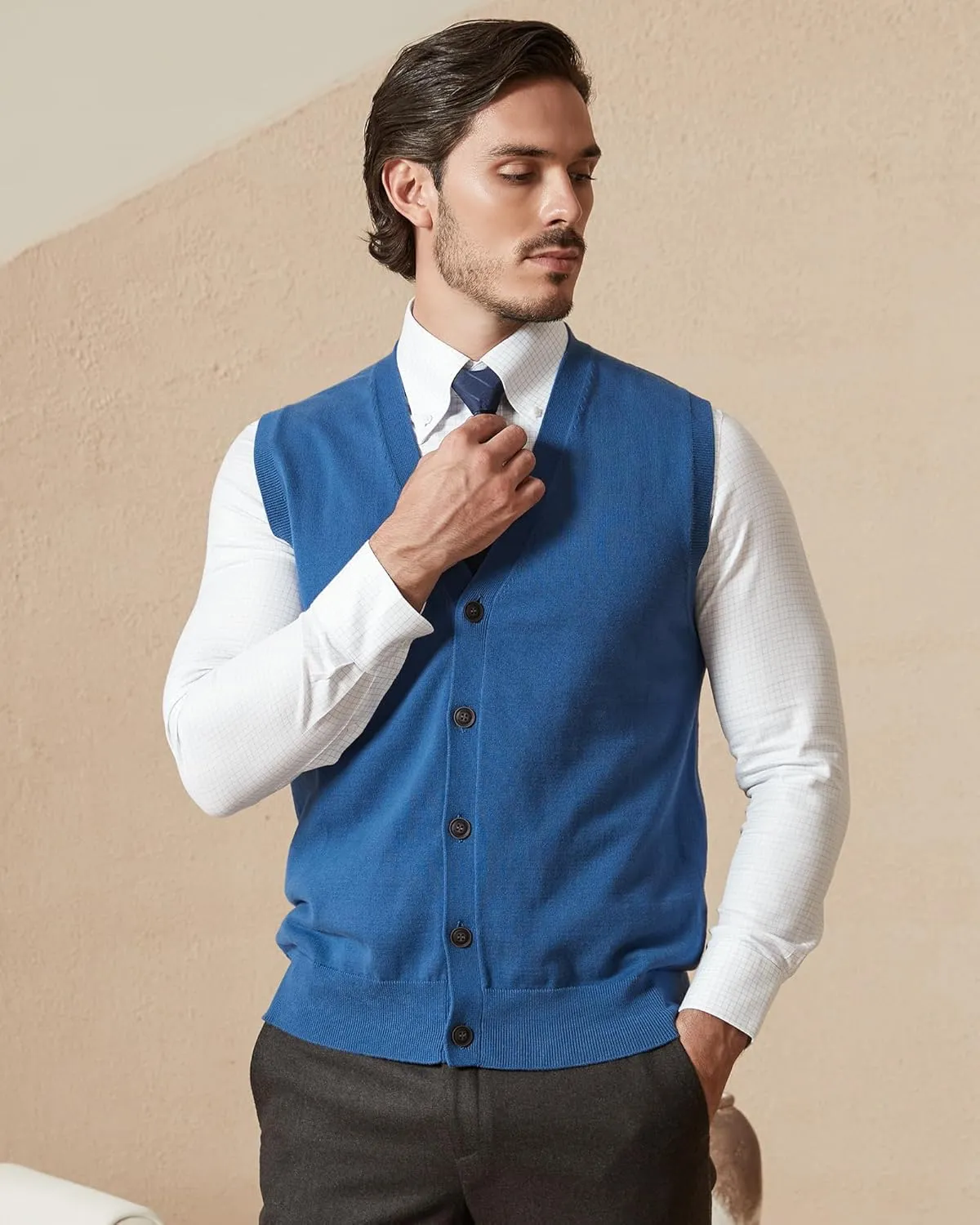 Kallspin Mens Button Down Sweater Vest Lightweight Knitted Pure Cotton V-Neck Sleeveless Cardigans