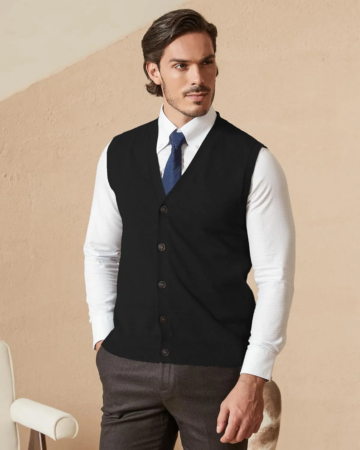 Kallspin Mens Button Down Sweater Vest Lightweight Knitted Pure Cotton V-Neck Sleeveless Cardigans