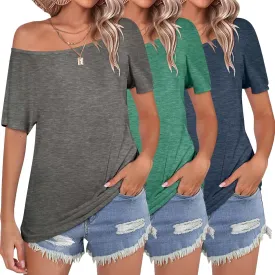 KKJ 3 Pack Womens T Shirts Off The Shoulder Tops 2025 Summer Beach Vacation Fashion Short Sleeve Casual Loose Fit Clothes