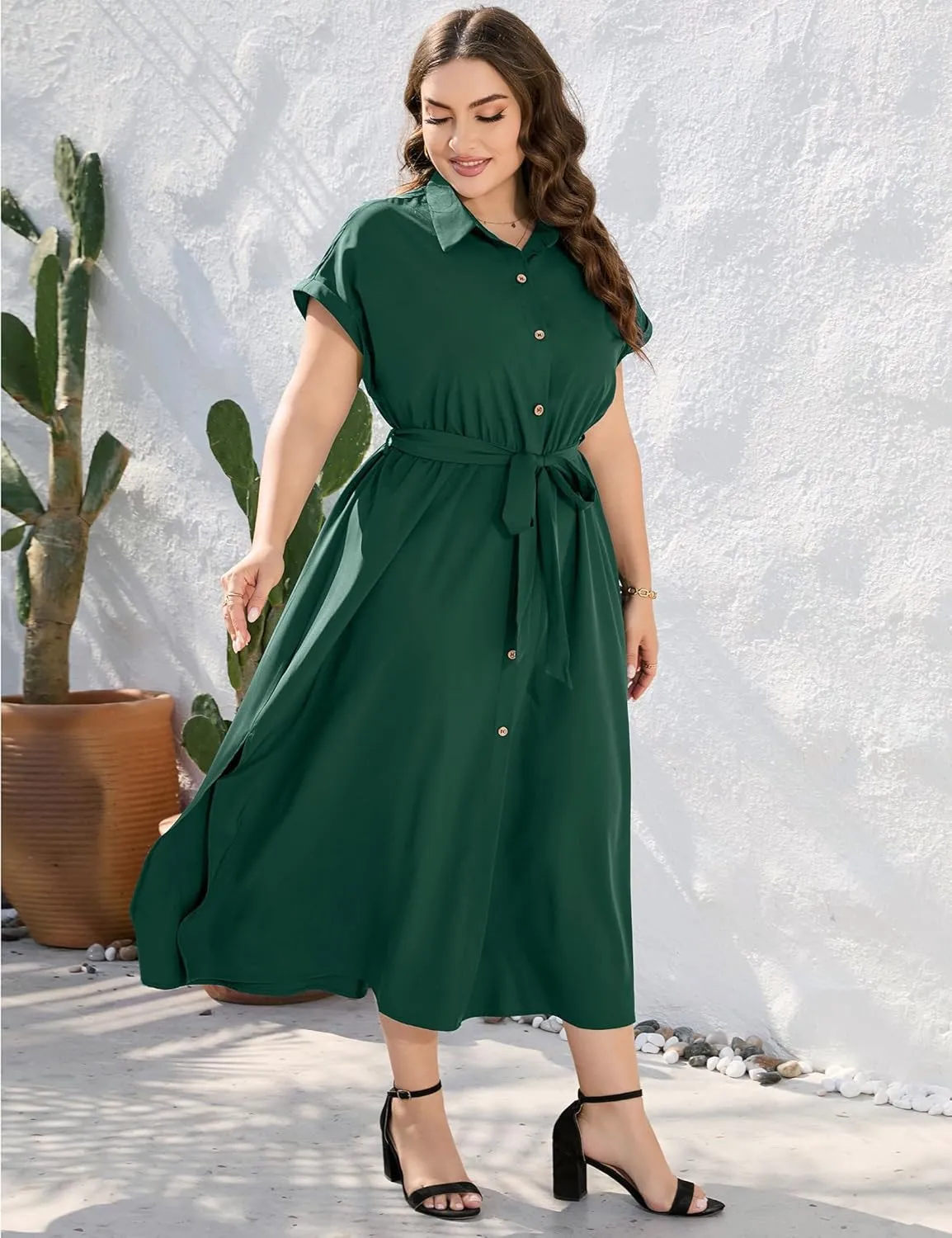 KOJOOIN Plus Size Maxi Dresses for Women Summer Tie Belt Work Polo Dress Business Casual Button Down Dress