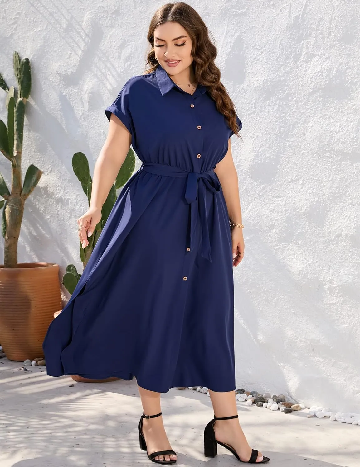KOJOOIN Plus Size Maxi Dresses for Women Summer Tie Belt Work Polo Dress Business Casual Button Down Dress