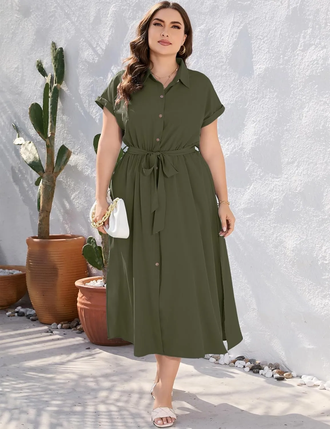 KOJOOIN Plus Size Maxi Dresses for Women Summer Tie Belt Work Polo Dress Business Casual Button Down Dress