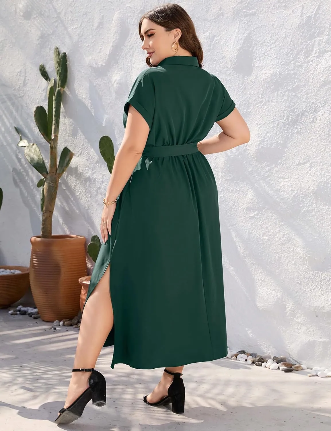 KOJOOIN Plus Size Maxi Dresses for Women Summer Tie Belt Work Polo Dress Business Casual Button Down Dress
