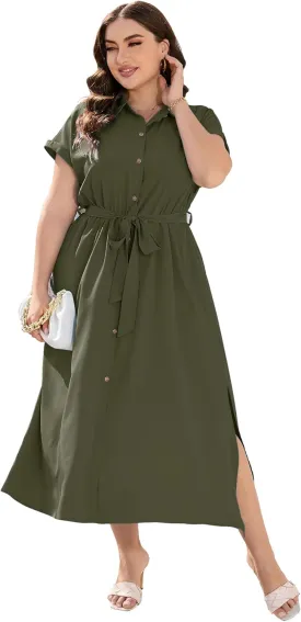 KOJOOIN Plus Size Maxi Dresses for Women Summer Tie Belt Work Polo Dress Business Casual Button Down Dress