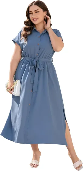 KOJOOIN Plus Size Maxi Dresses for Women Summer Tie Belt Work Polo Dress Business Casual Button Down Dress