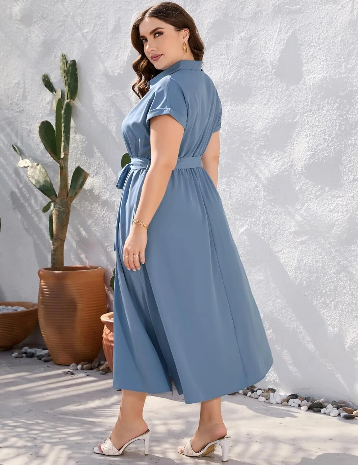 KOJOOIN Plus Size Maxi Dresses for Women Summer Tie Belt Work Polo Dress Business Casual Button Down Dress
