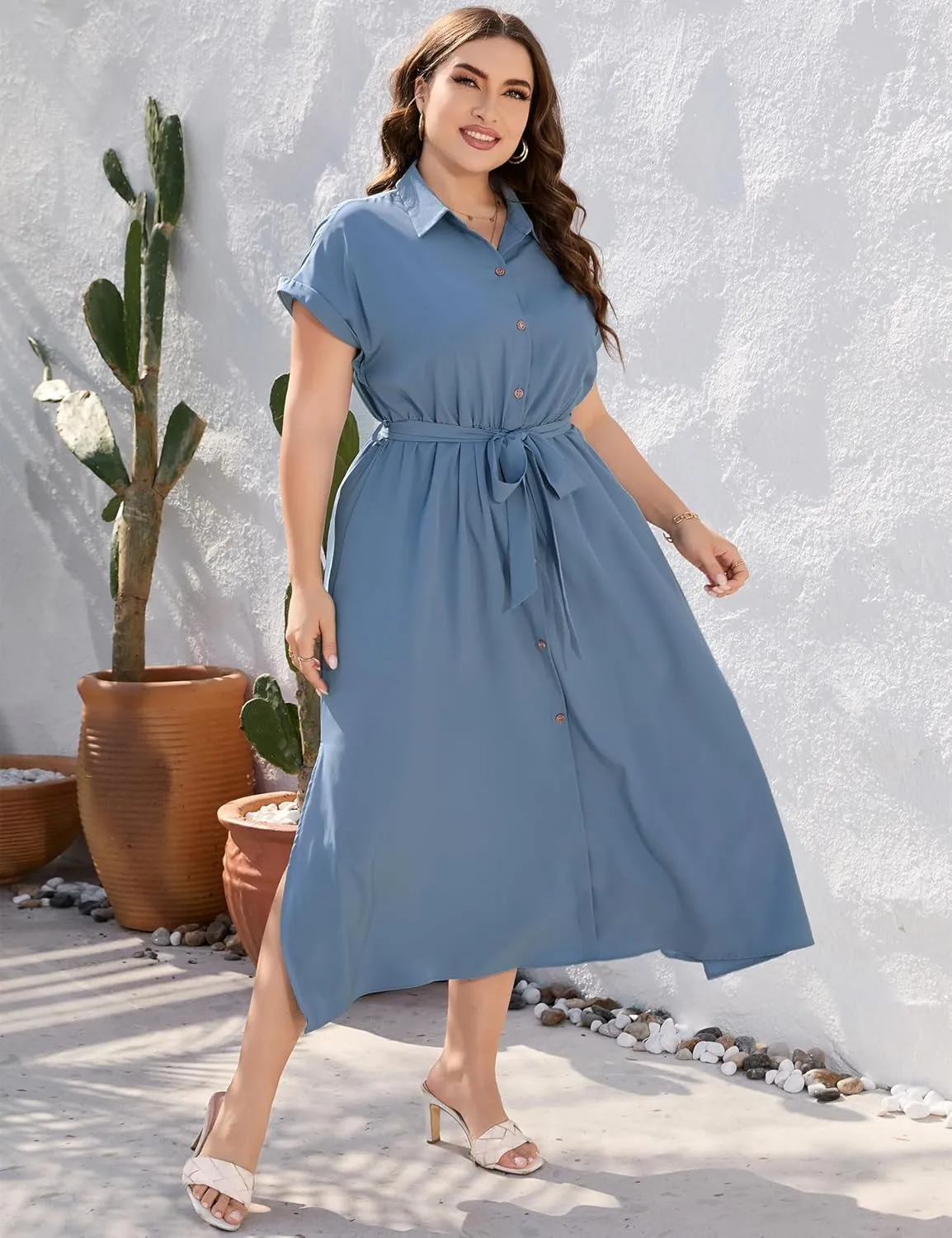 KOJOOIN Plus Size Maxi Dresses for Women Summer Tie Belt Work Polo Dress Business Casual Button Down Dress