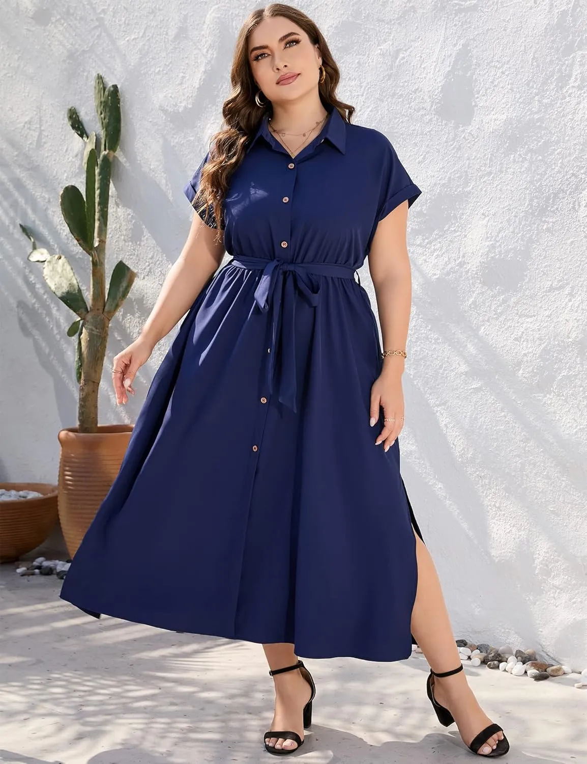 KOJOOIN Plus Size Maxi Dresses for Women Summer Tie Belt Work Polo Dress Business Casual Button Down Dress