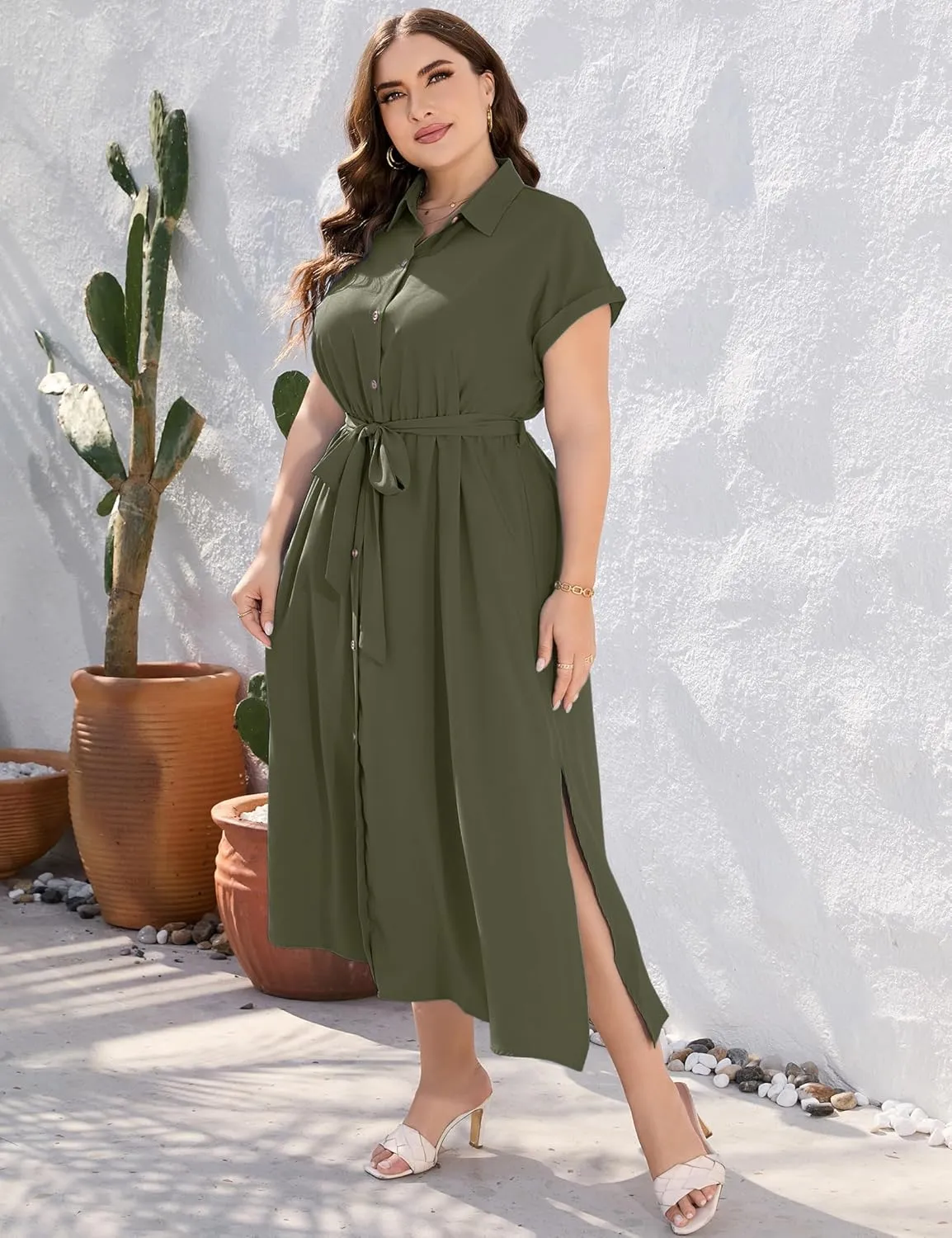 KOJOOIN Plus Size Maxi Dresses for Women Summer Tie Belt Work Polo Dress Business Casual Button Down Dress
