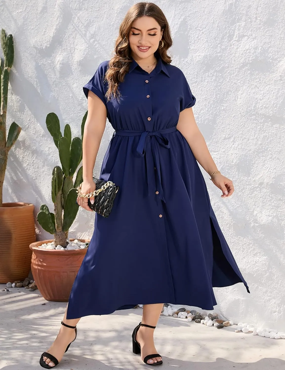 KOJOOIN Plus Size Maxi Dresses for Women Summer Tie Belt Work Polo Dress Business Casual Button Down Dress