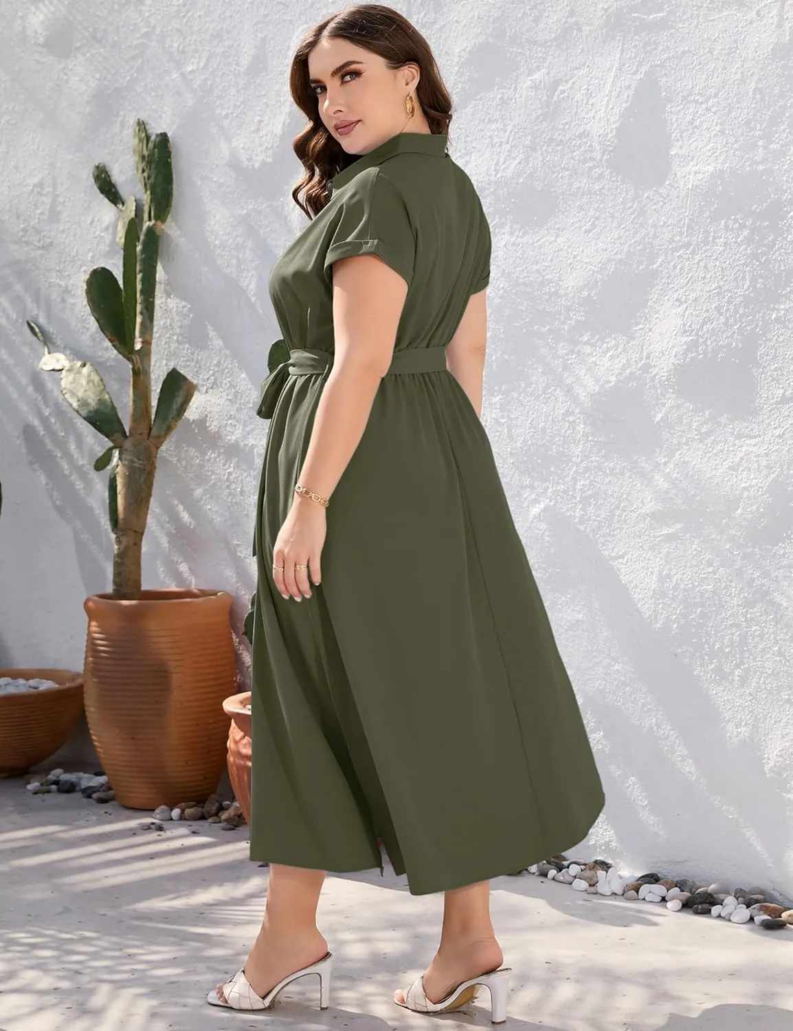 KOJOOIN Plus Size Maxi Dresses for Women Summer Tie Belt Work Polo Dress Business Casual Button Down Dress