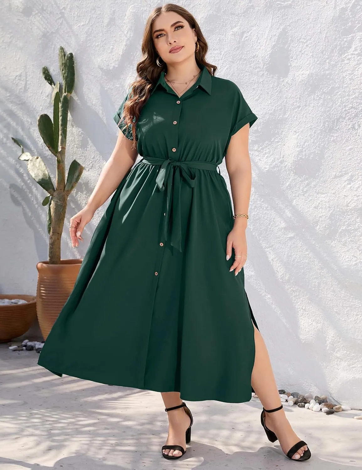 KOJOOIN Plus Size Maxi Dresses for Women Summer Tie Belt Work Polo Dress Business Casual Button Down Dress