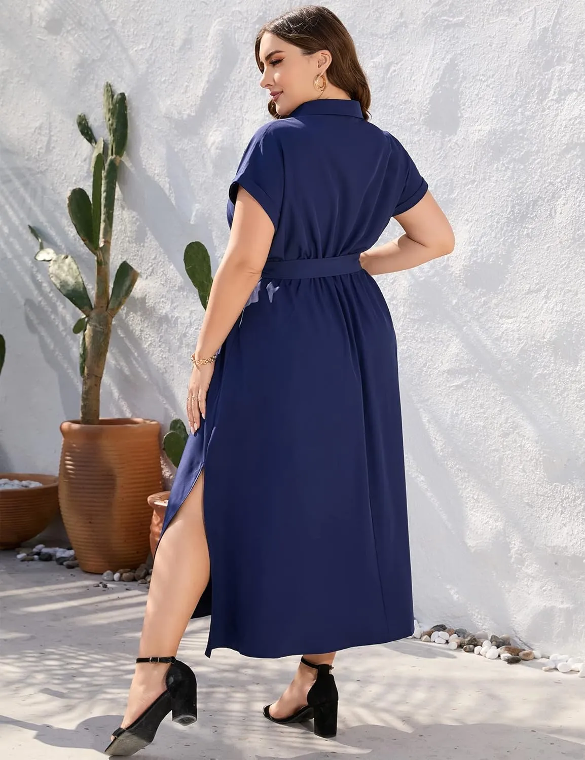 KOJOOIN Plus Size Maxi Dresses for Women Summer Tie Belt Work Polo Dress Business Casual Button Down Dress