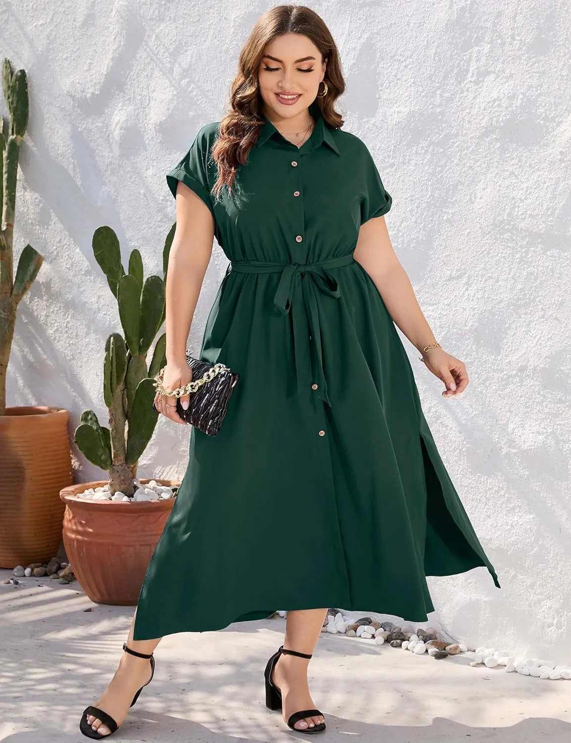 KOJOOIN Plus Size Maxi Dresses for Women Summer Tie Belt Work Polo Dress Business Casual Button Down Dress