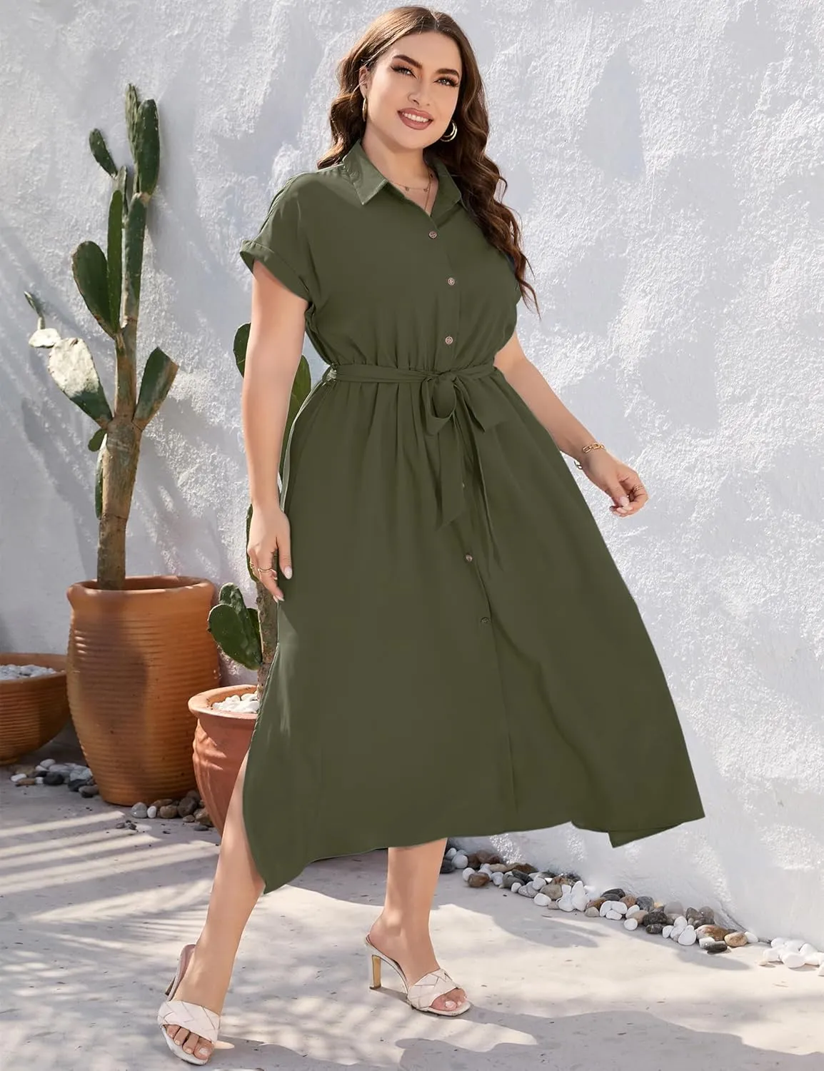 KOJOOIN Plus Size Maxi Dresses for Women Summer Tie Belt Work Polo Dress Business Casual Button Down Dress