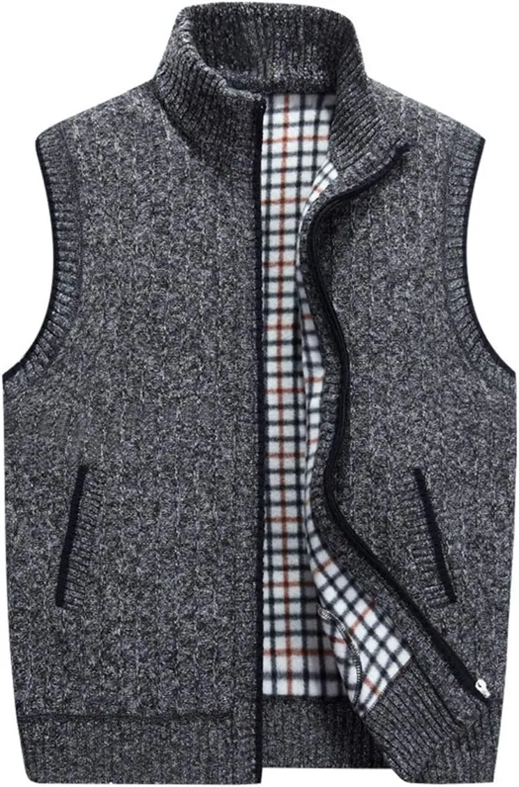 LemonGirl Mens Casual Slim Full Zip Knitted Sweater Vest with Pocked