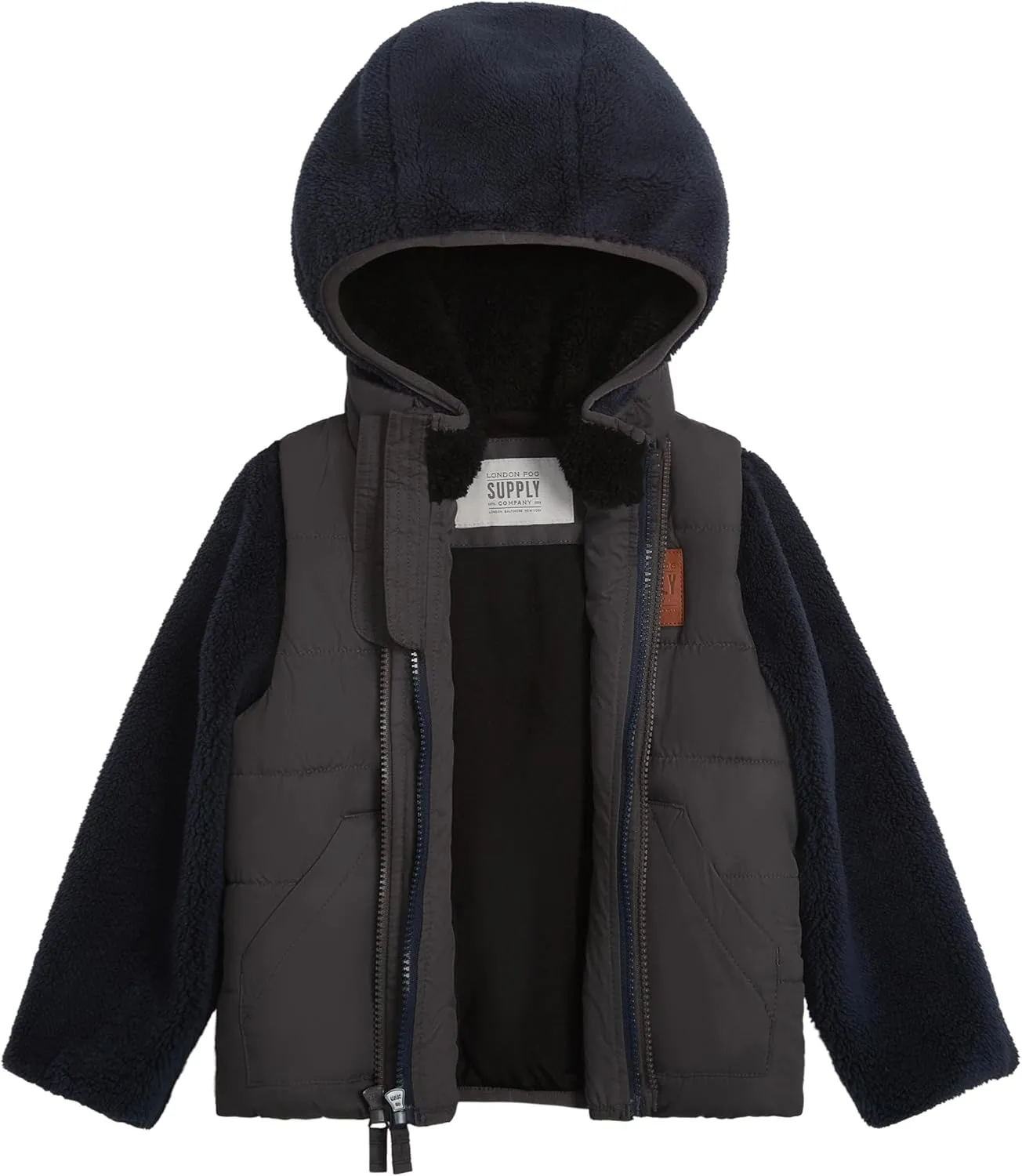 LONDON FOG Boys' 3-in-1 Heavyweight Puffer Vest and Hooded Sherpa Jacket Layered Winter Coat