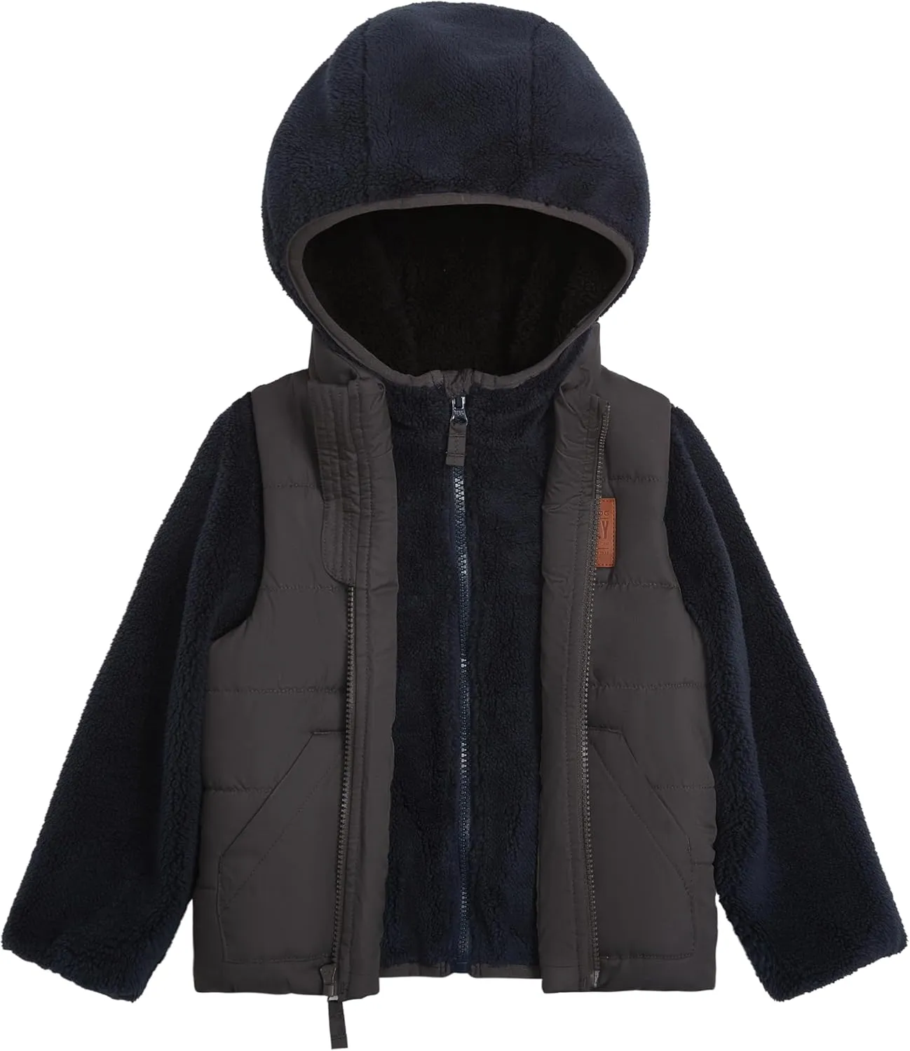 LONDON FOG Boys' 3-in-1 Heavyweight Puffer Vest and Hooded Sherpa Jacket Layered Winter Coat