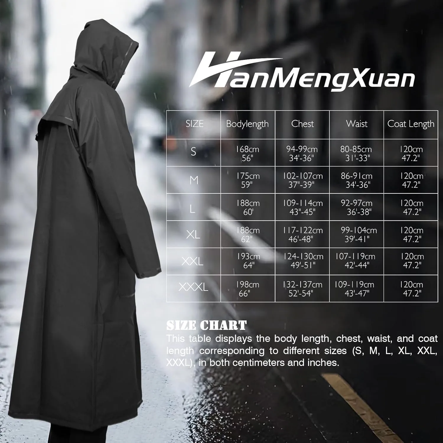 Men's Long Hooded Raincoat - Waterproof Rain Jacket for Work & Outdoor Use