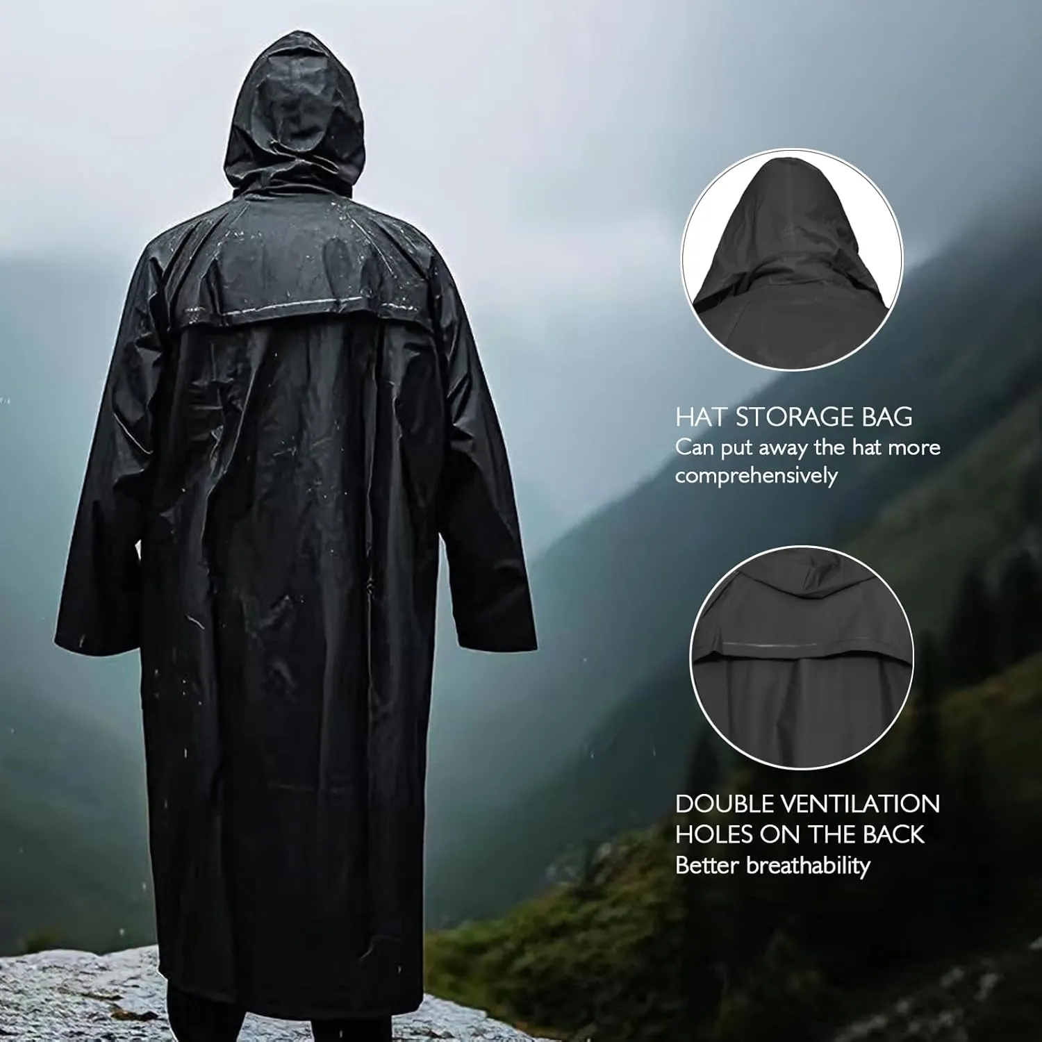 Men's Long Hooded Raincoat - Waterproof Rain Jacket for Work & Outdoor Use