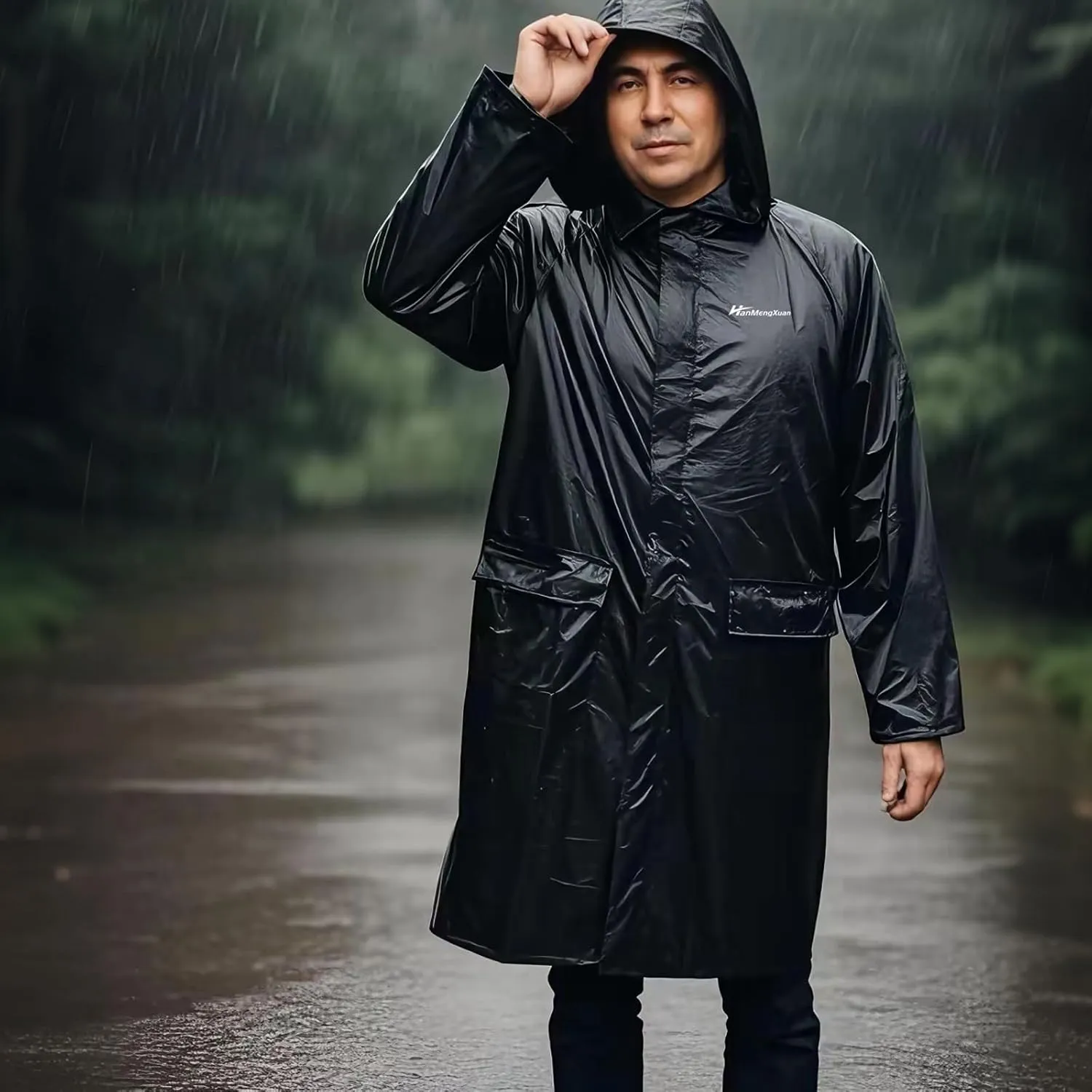 Men's Long Hooded Raincoat - Waterproof Rain Jacket for Work & Outdoor Use