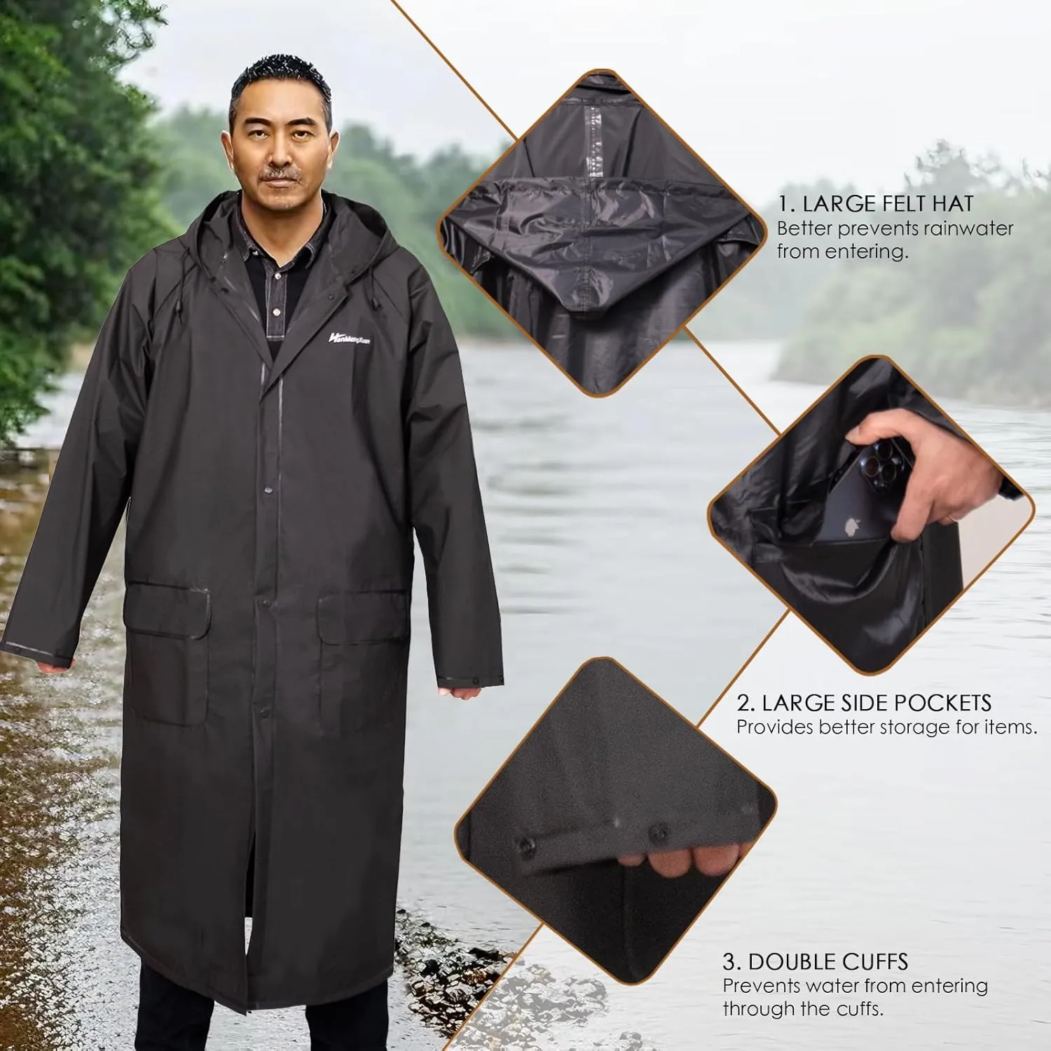 Men's Long Hooded Raincoat - Waterproof Rain Jacket for Work & Outdoor Use