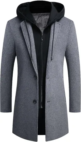 Men's Woollen Long Trench Hoodie Winter Wool Blend Jacket Overcoat Zip Up Top Coat Stylish Warm Pea Coats