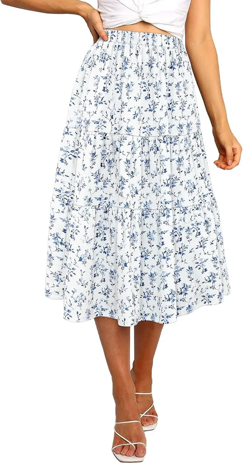 MEROKEETY Women's Boho Leopard Print Skirt Pleated A-Line Swing Midi Skirts