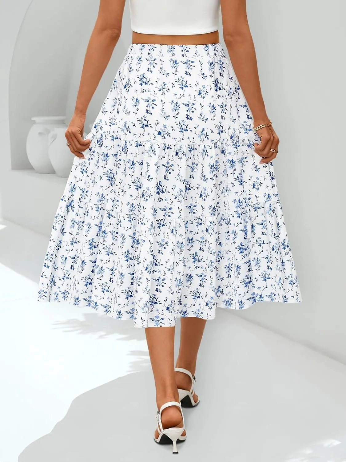 MEROKEETY Women's Boho Leopard Print Skirt Pleated A-Line Swing Midi Skirts