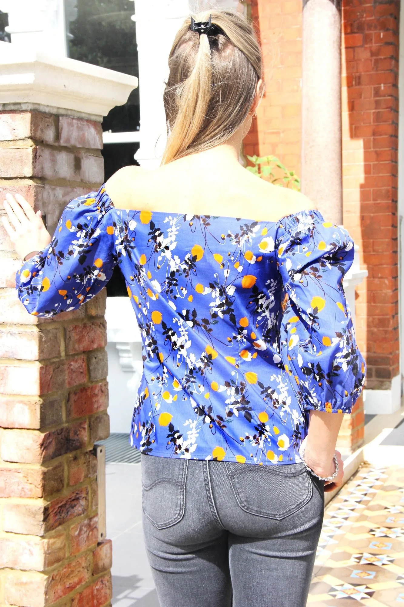 Mia - Royal Blue-  Flower Print Off Shoulder Blouse with Puff Sleeves