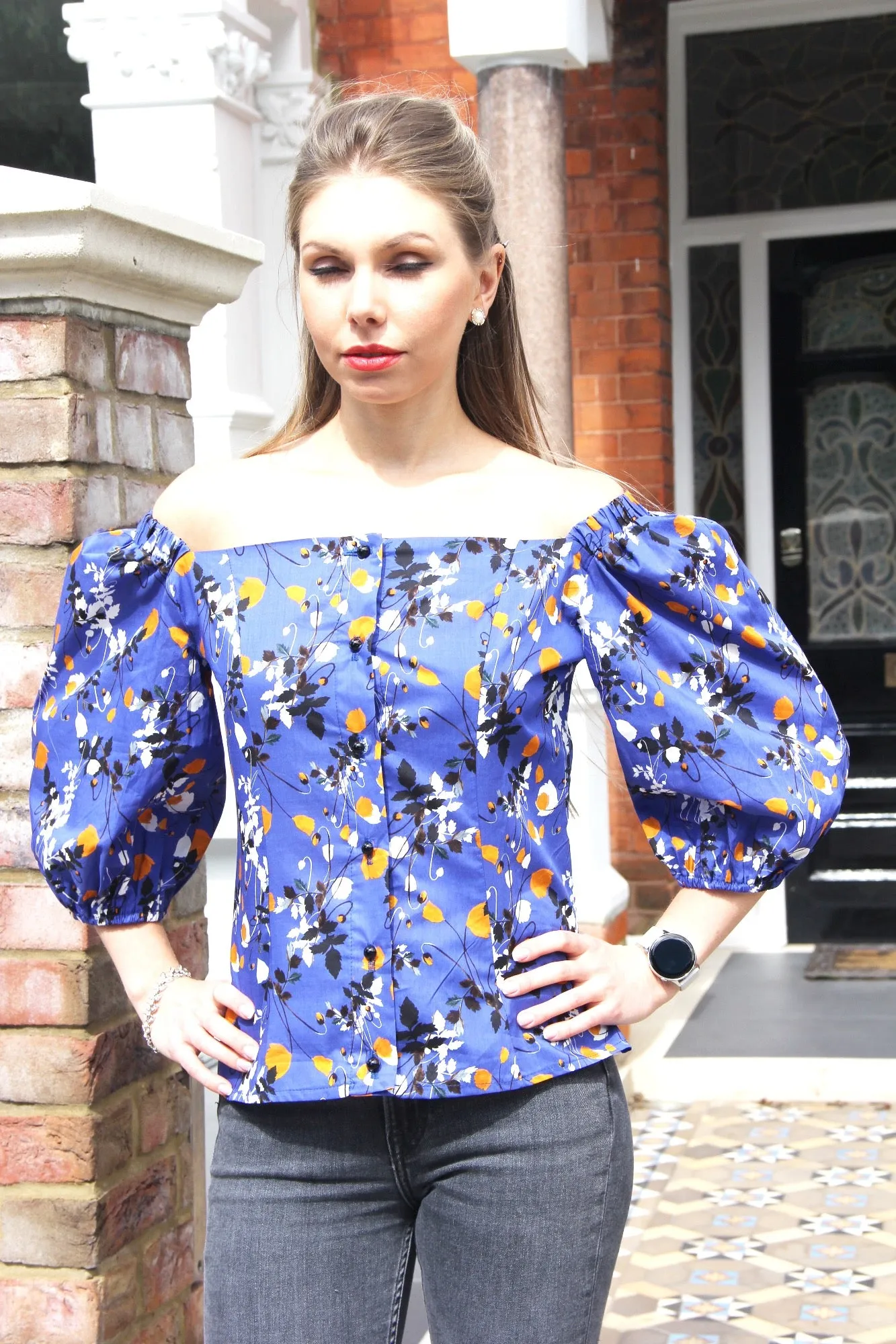 Mia - Royal Blue-  Flower Print Off Shoulder Blouse with Puff Sleeves