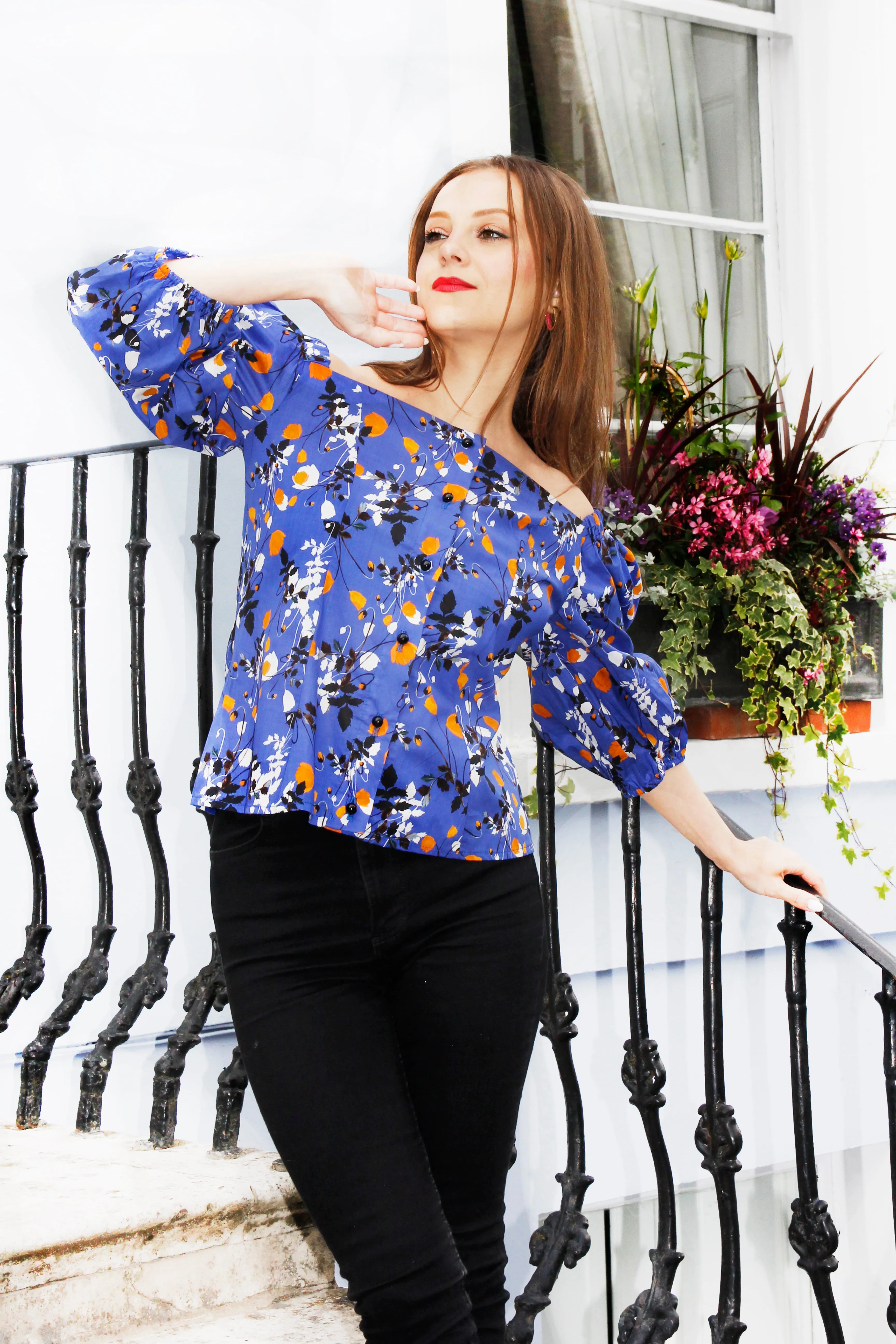 Mia - Royal Blue-  Flower Print Off Shoulder Blouse with Puff Sleeves